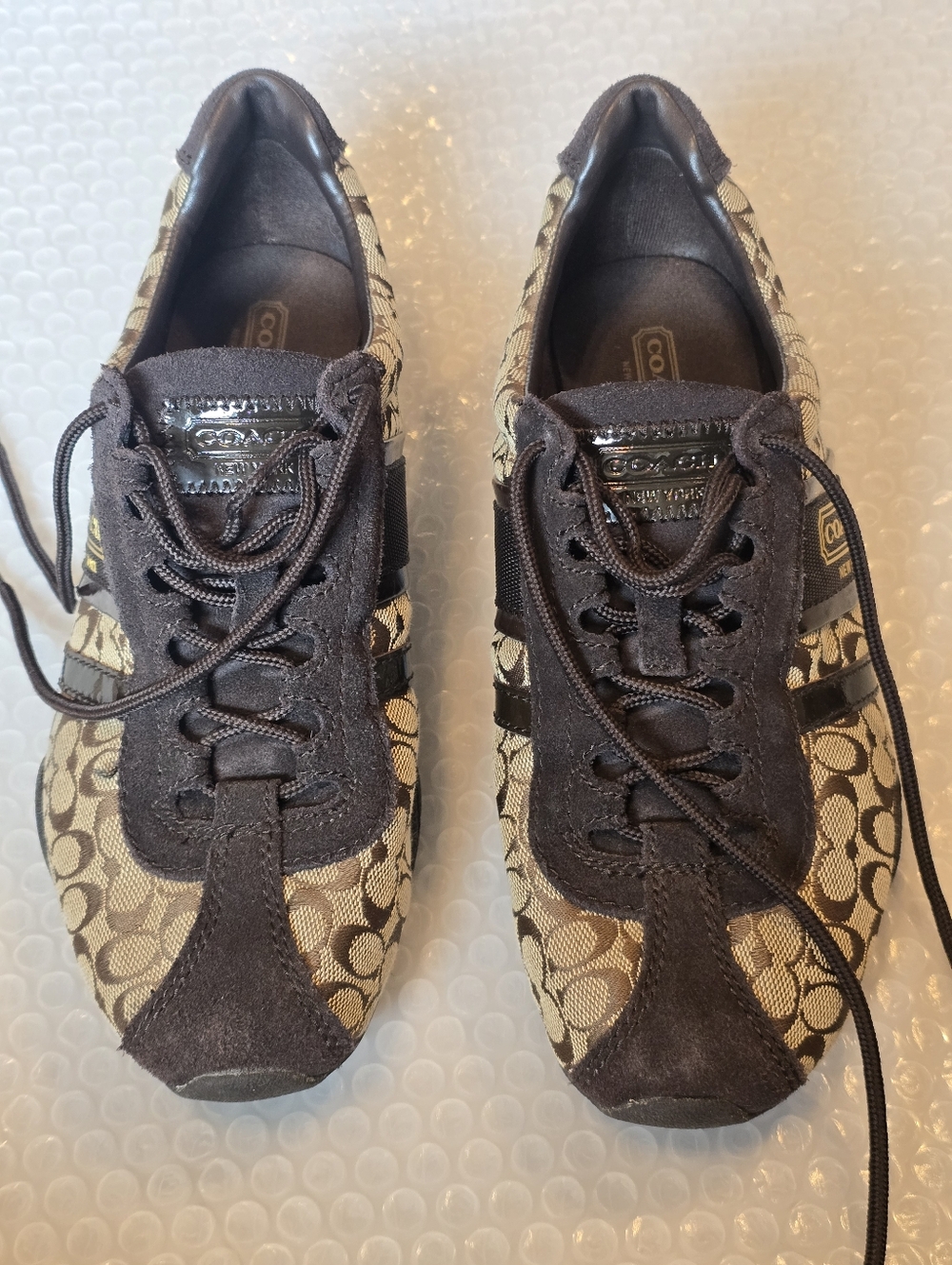 COACH New York REMONNA Brown Logo Shoes Sneakers Beige Canvas Suede Lace Up 8.5M